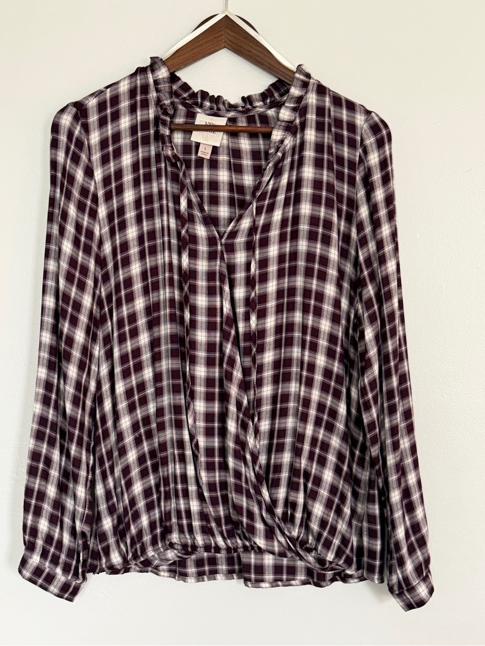 Knox Rose Burgundy Plaid Ruffle-Trim Wrap Blouse